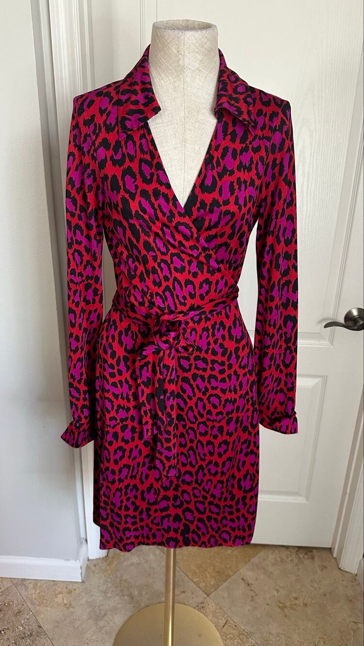 VTG Diane von Furstenberg DVF Silk Wrap Dress Red Purple Leopard Animal Print